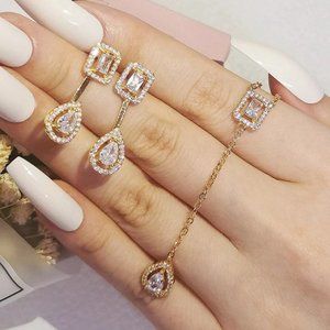 Sterling Silver (S925) Gold Teardrop and Rectangle Necklace & Earrings Set